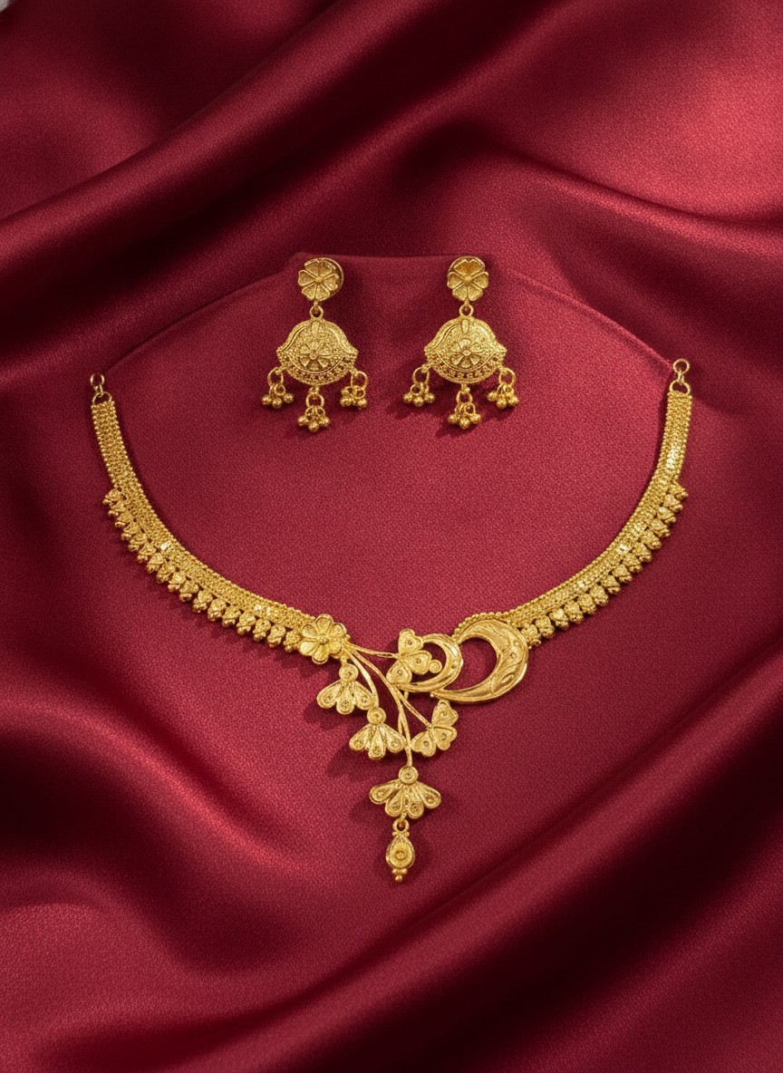 Gold Plated Floral Choker Necklace & Jhumki Earring Set