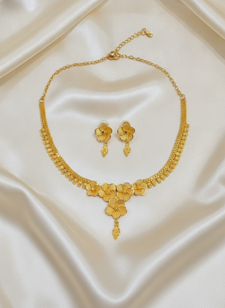 Gold Plated Floral Cluster Necklace & Drop Earring Set
