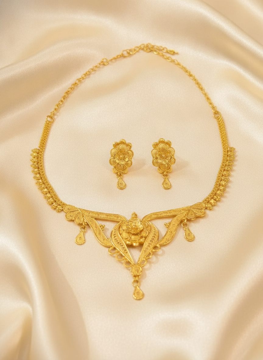 Gold Plated Floral Short Necklace Set with Earrings