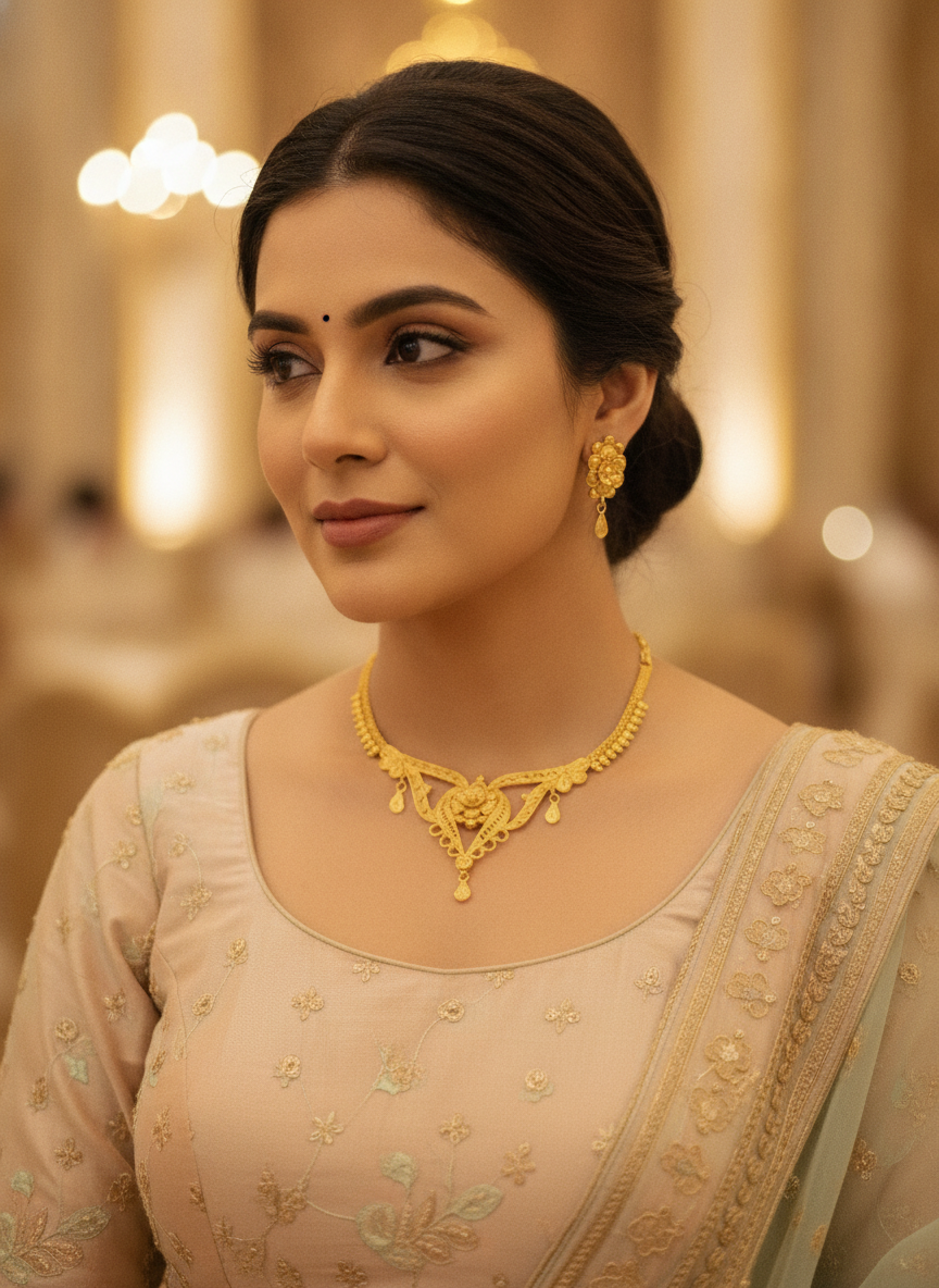 Gold Plated Floral Short Necklace Set with Earrings