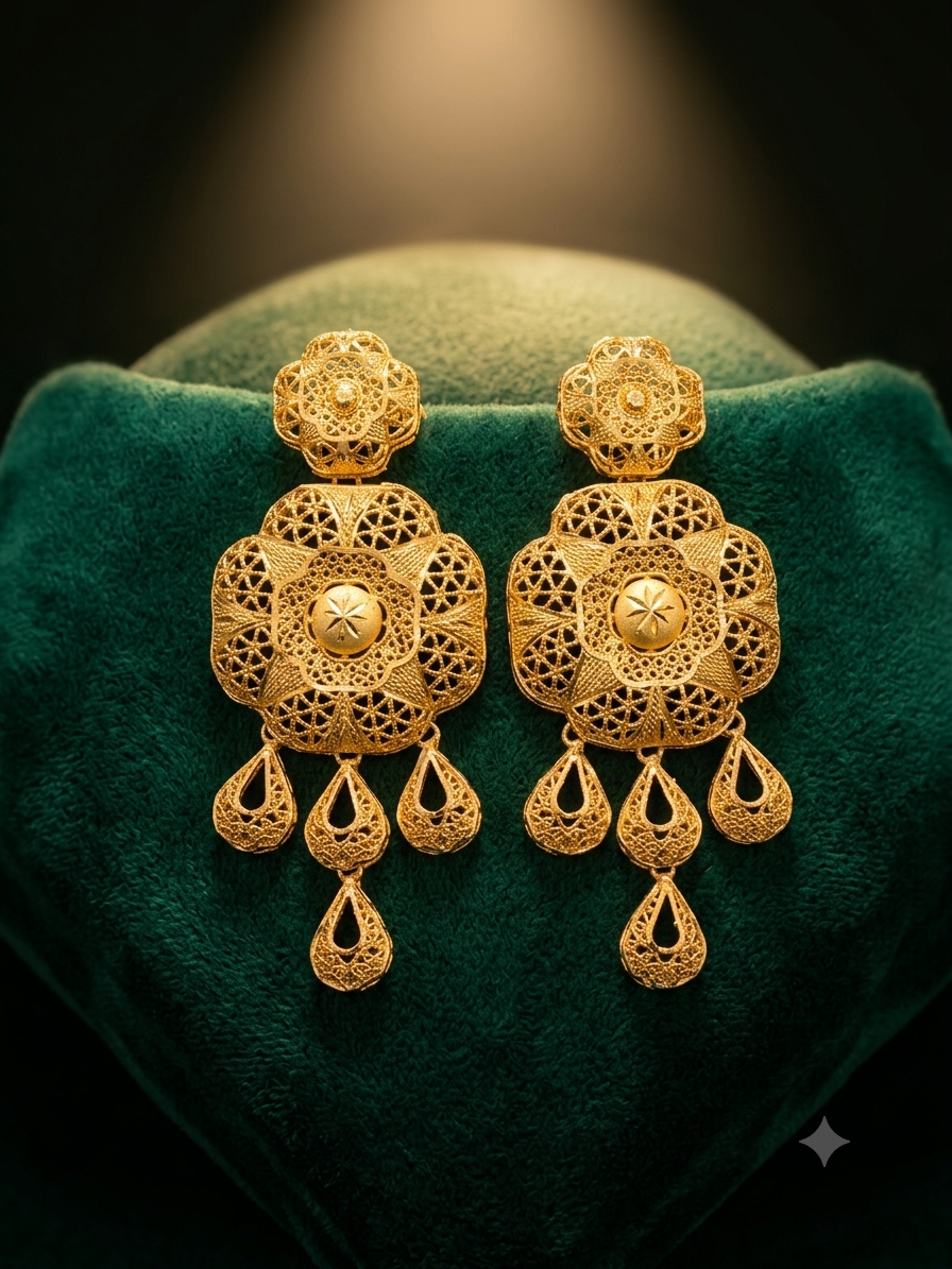 Royal Filigree Floral Drop Earrings – Gold-Plated