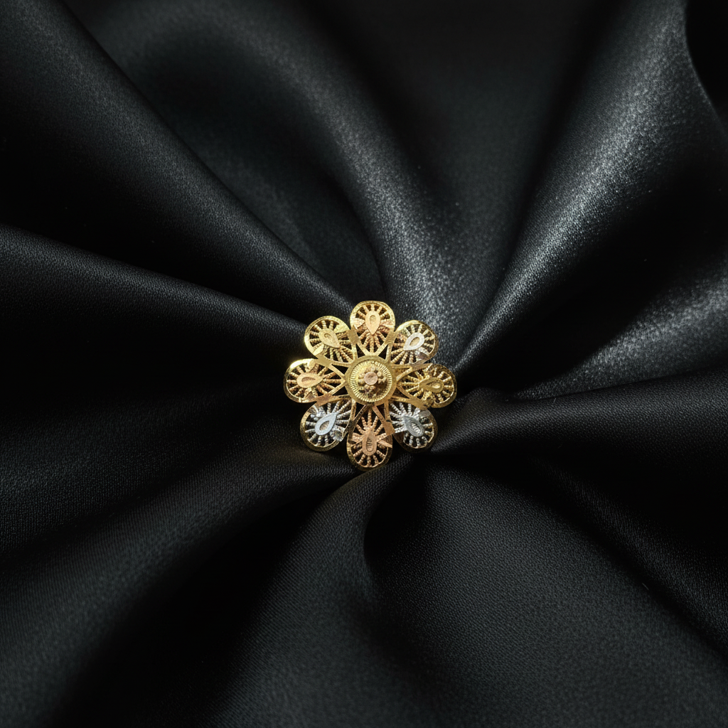 Tri-Tone Floral Ring on Black Fabric